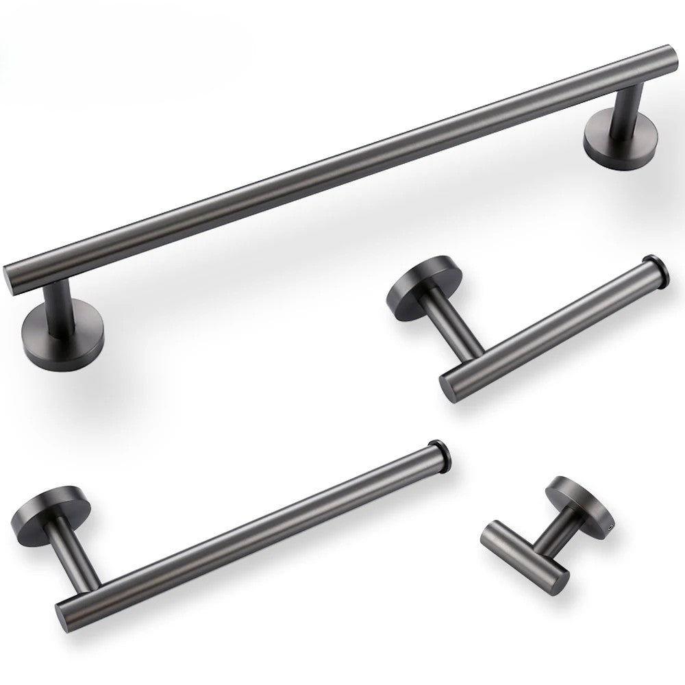 Stainless steel bathroom accessories set with towel bar, hook, ring and paper holder in gun gray finish