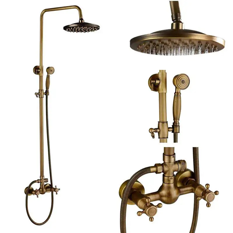 Antique brass rainfall shower faucet set with shelf and handheld shower