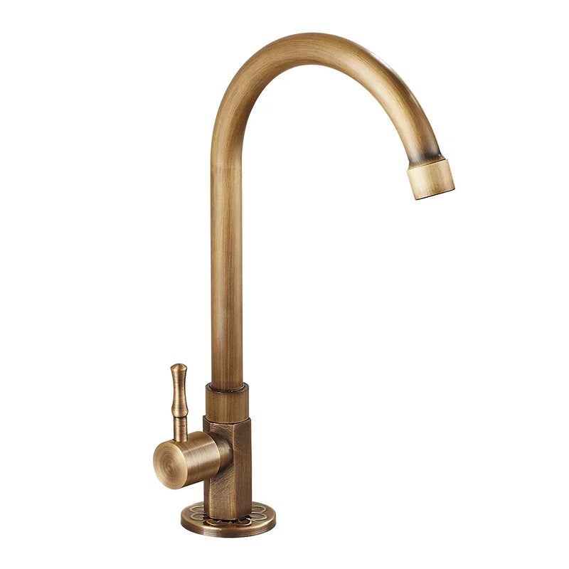 Antique brass cold water kitchen faucet with gooseneck spout and single lever handle