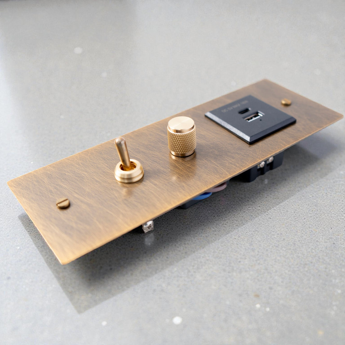 Retro aged brass toggle light switch with dimmer and Type-C outlet, vintage brass wall plate, 110V interior hardware