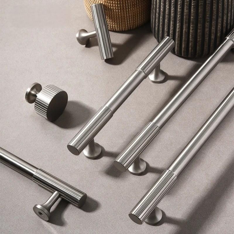 Satin nickel solid brass T-bar cabinet handle with knurled texture