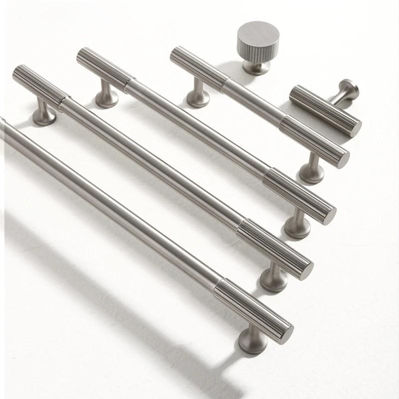 Satin nickel solid brass T-bar cabinet handle with knurled texture
