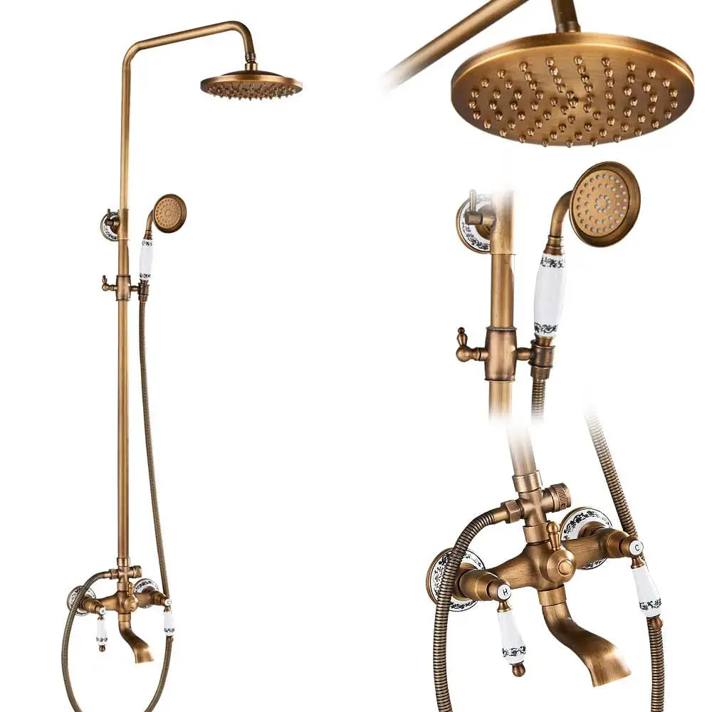 Antique brass rainfall shower faucet set with shelf and handheld shower