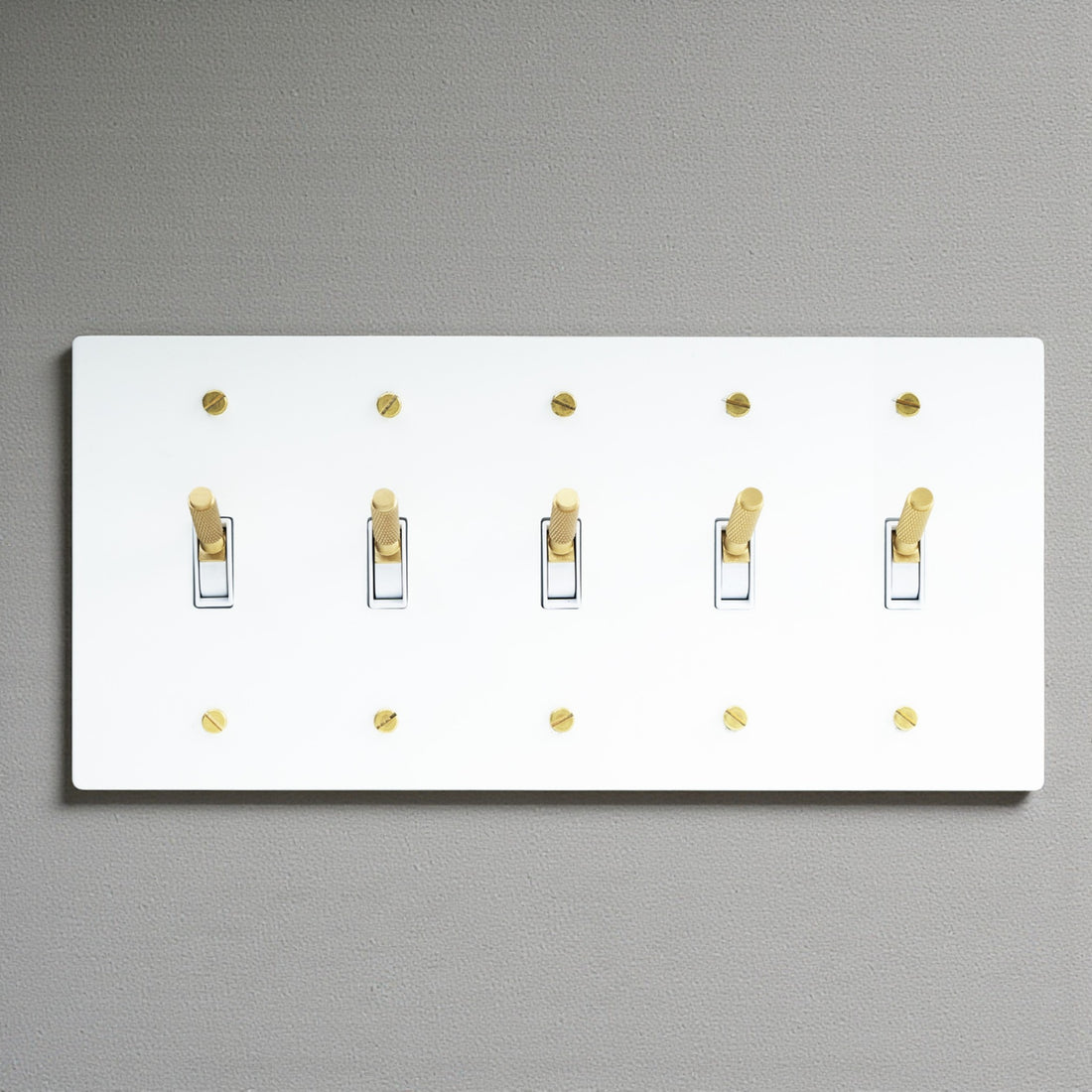 White and golden 5 gang retro brass toggle light switch with dimmer and socket, solid brass vintage wall plate, US standard electrical hardware
Solid brass construction with white & golden aged finish

5-gang panel designed for advanced multi-switch layouts

Retro toggle switches with a satisfying mechanical “click”

Rotary dimmer for smooth and precise lighting control

Compatible with toggle, dimmer, socket, GFCI, and Type-C modules

Easy installation with matching screws included

Suitable for modern, vi