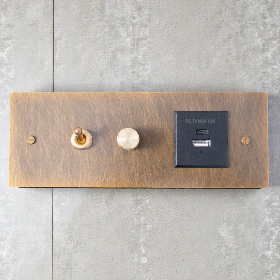 Retro aged brass toggle light switch with dimmer and Type-C outlet, vintage brass wall plate, 110V interior hardware