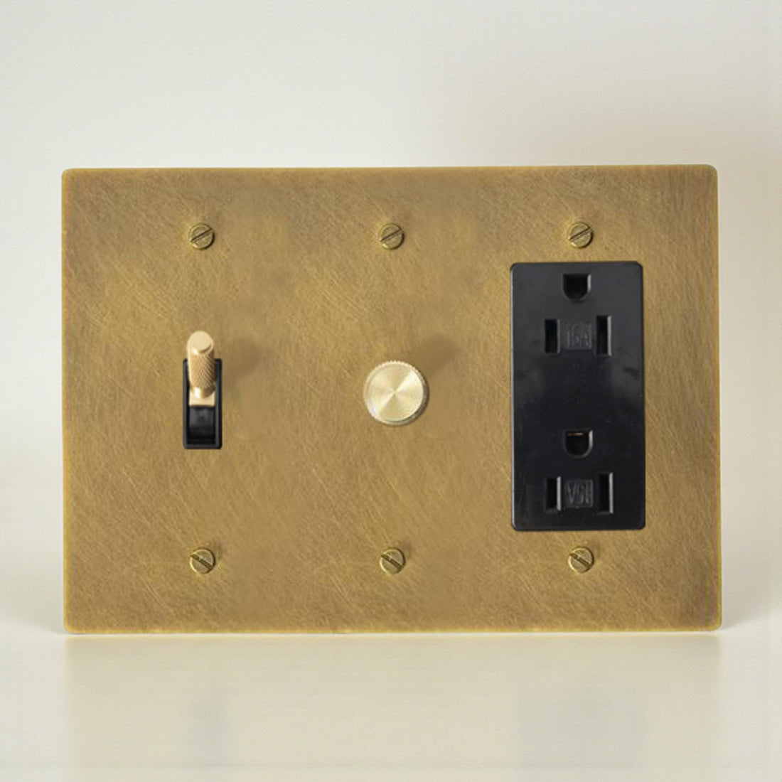 Retro aged brass toggle light switch with dimmer and socket, solid brass vintage wall plate, US standard electrical hardware